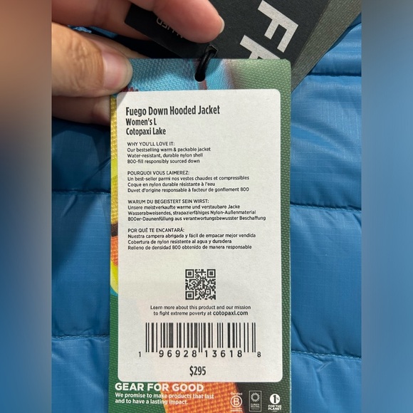 Cotopaxi Women's Large Fuego Hooded Down Jacket Puffer Lake Blue Aqua NWT - Picture 4 of 16